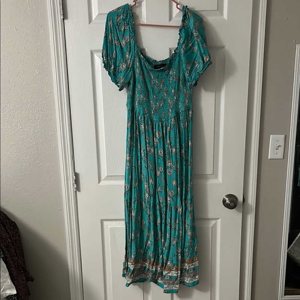 Green and Blue Tiered Maxi Sundress with Flutter Sleeves